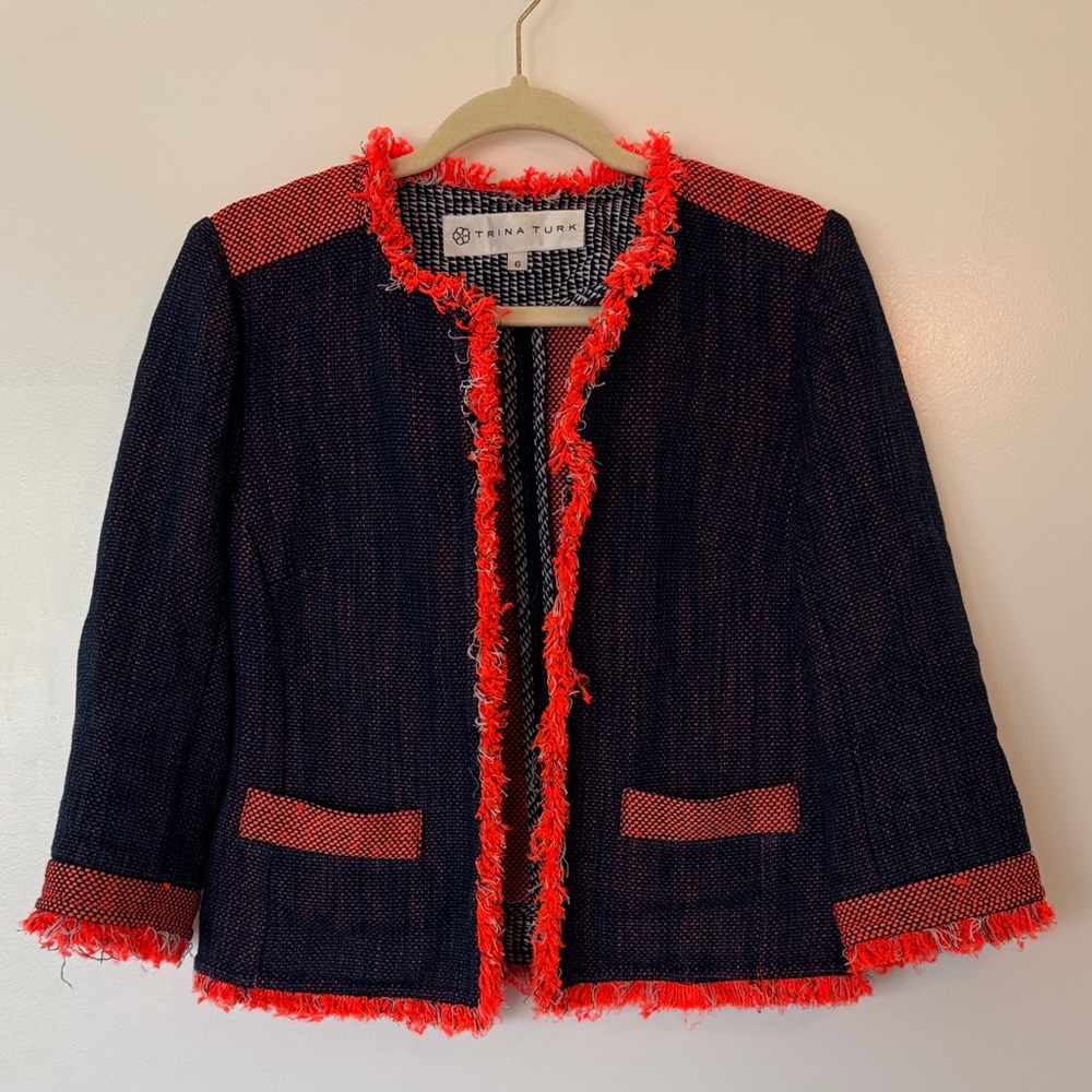 Trina Turk Navy Jacket with Orange Fringe